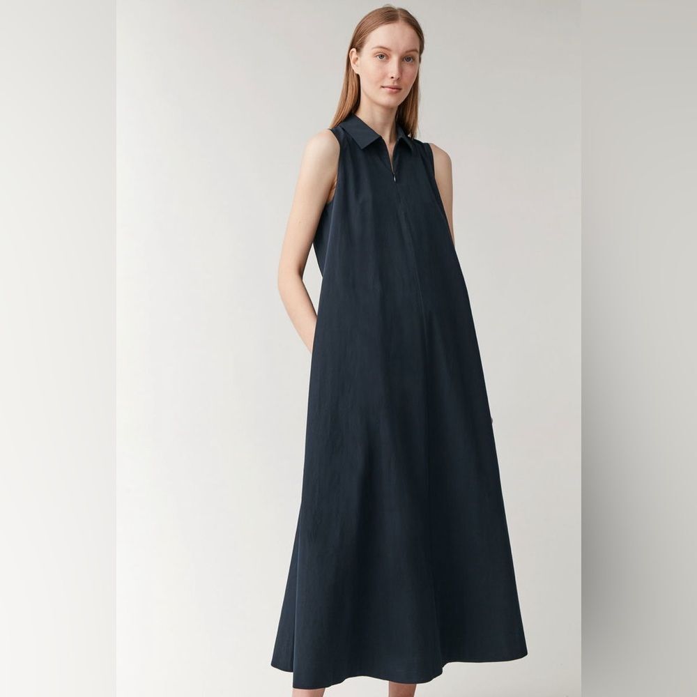 COS Voluminous Cotton Sleeveless Shirt Dress Navy Blue 6
